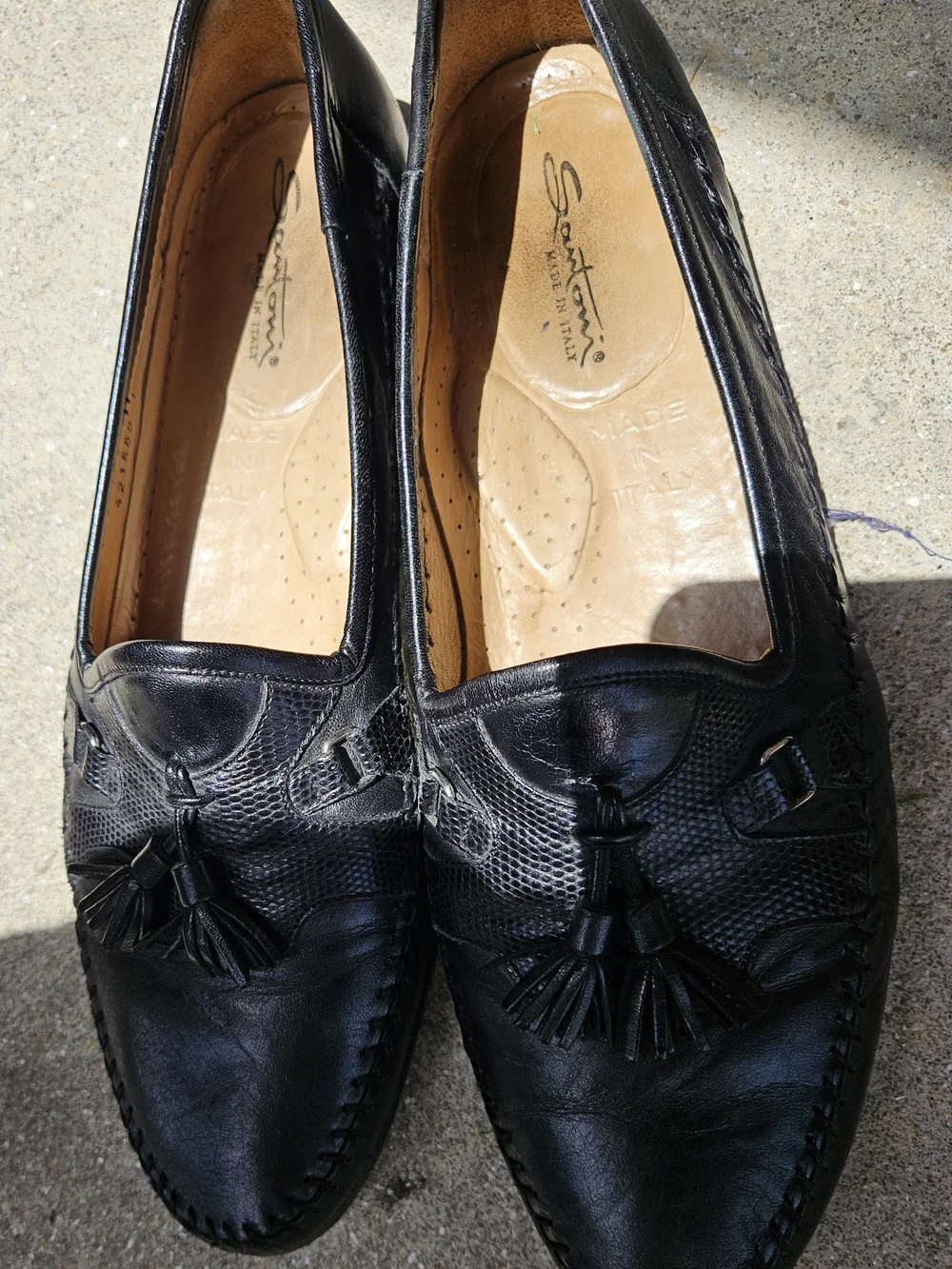 Santoni Black Leather Lizard Trim Tassel Loafers Shoes Italy Men's US 12 B
